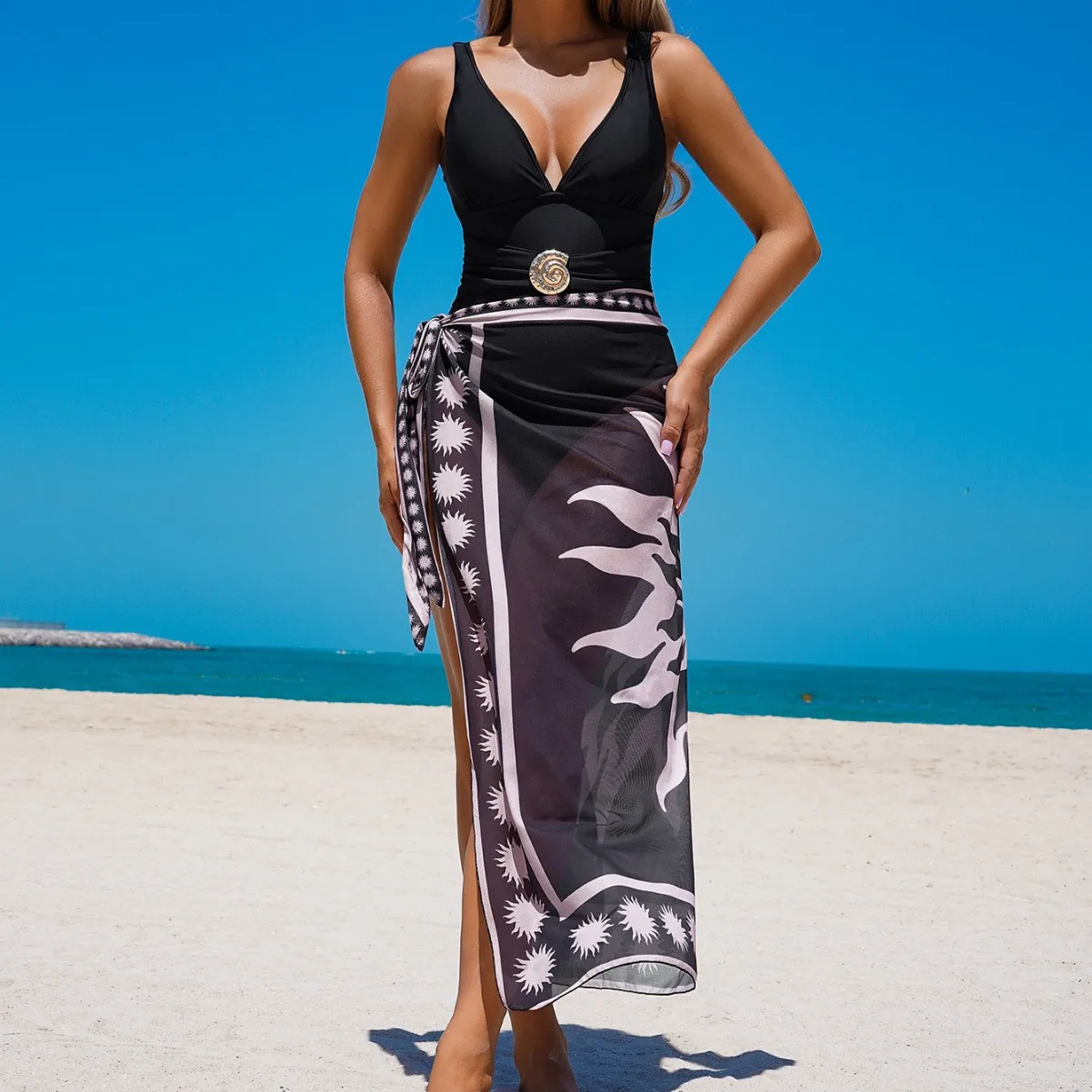 Two Piece Swim Cover Up Set Women Sleeveless One Piece Swimsuit + Sun Print Wrap Sheer Maxi Sarong Skirt Beach Outfit