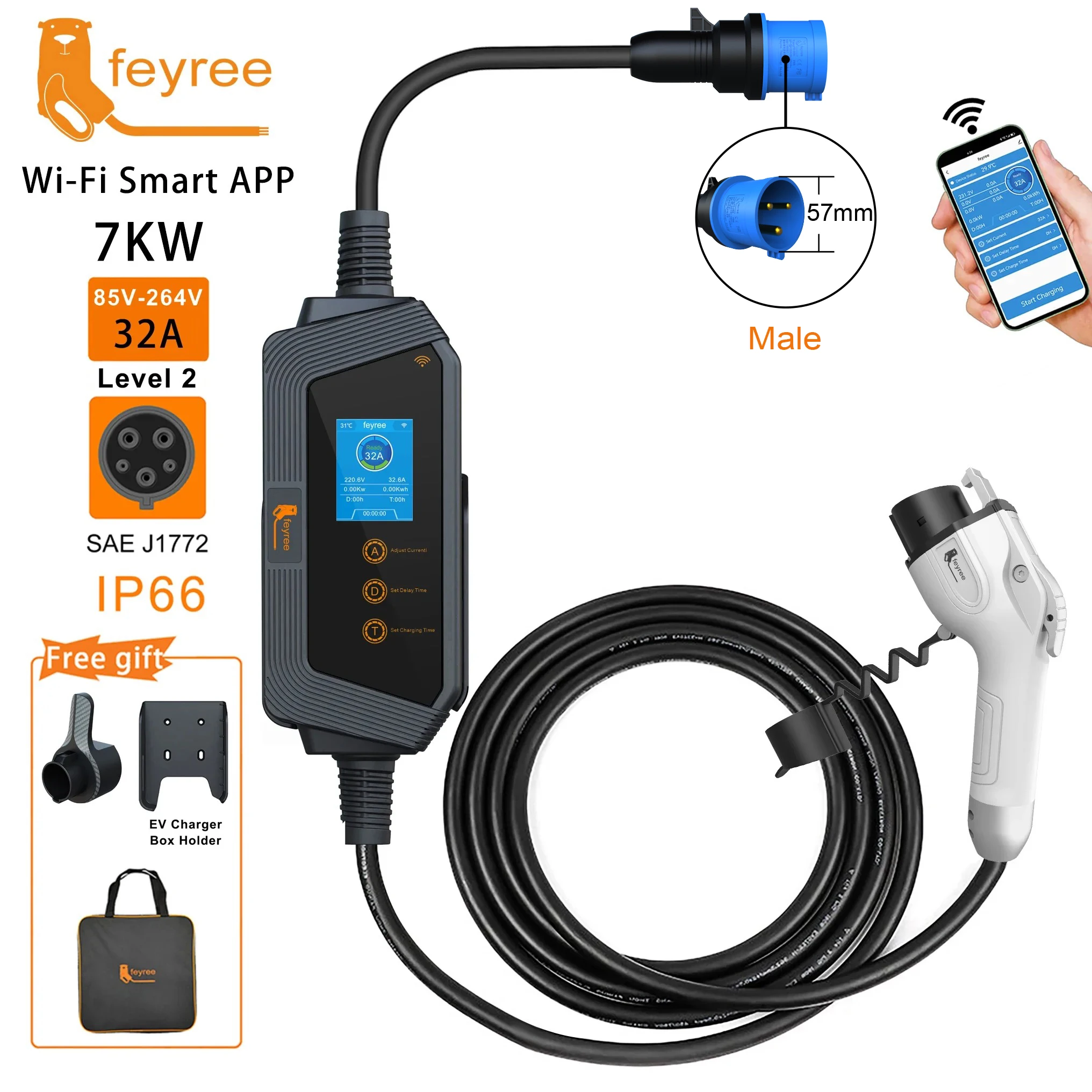 feyree Type1 Portable EV Charger 7KW 32A 1Phase J1772 Socket with 5m Cable Smart APP WIFI Control Version for Electric Vehicle