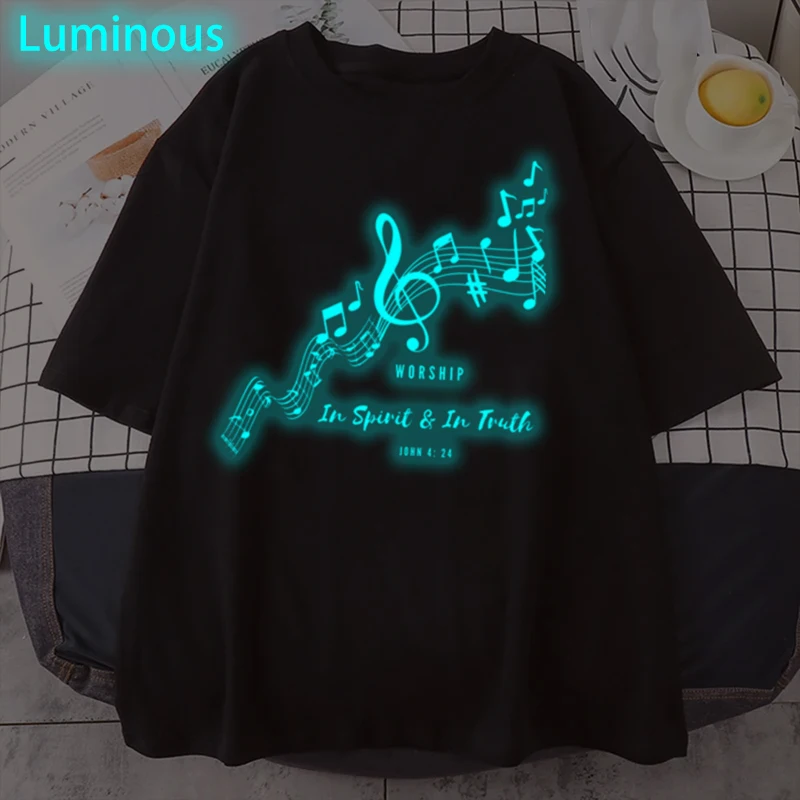 

Vintage Music Notes Bible Verses Print T Shirt for Women Men Summer Fashion Tees Short Sleeve Jesus Christianity Luminous Tops