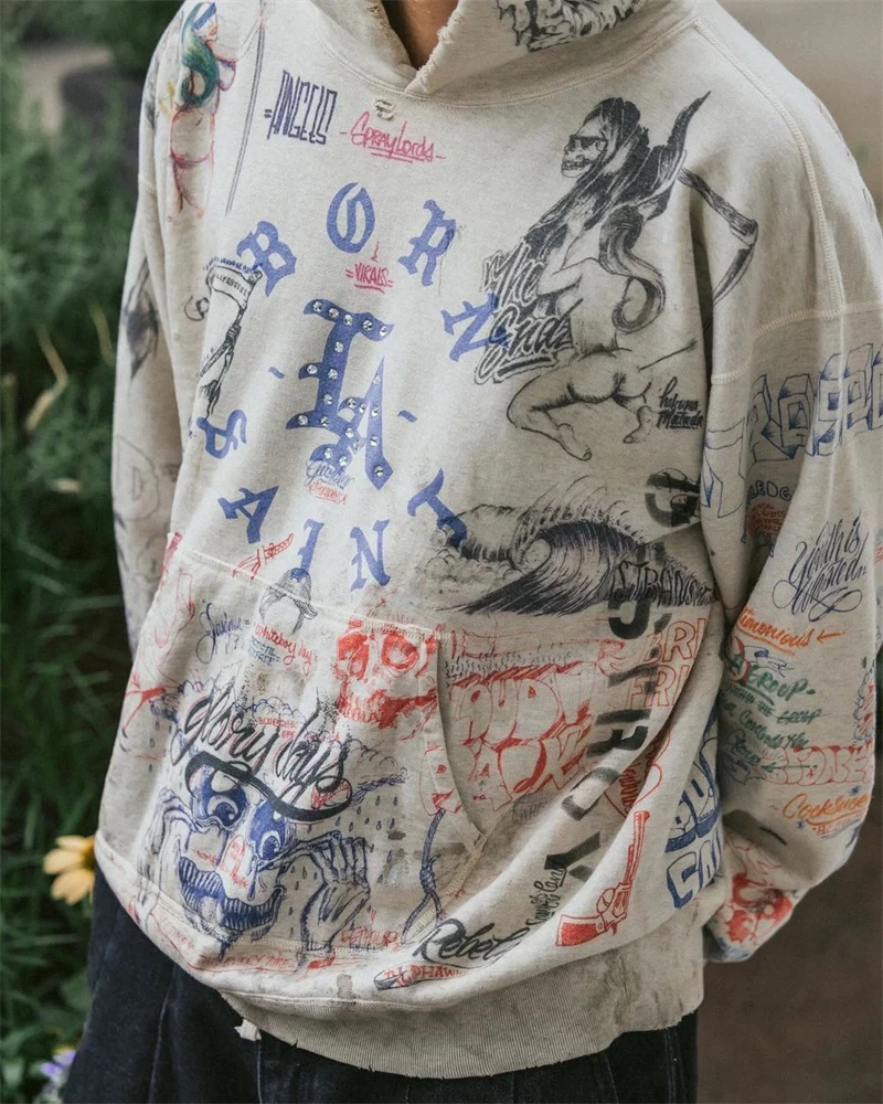 Washed Saint 24ss zniszcza graffiti z dżetów na ulicach głównych Pulower Męski Damski Najlepsza Jakość Bluza z Kapturem