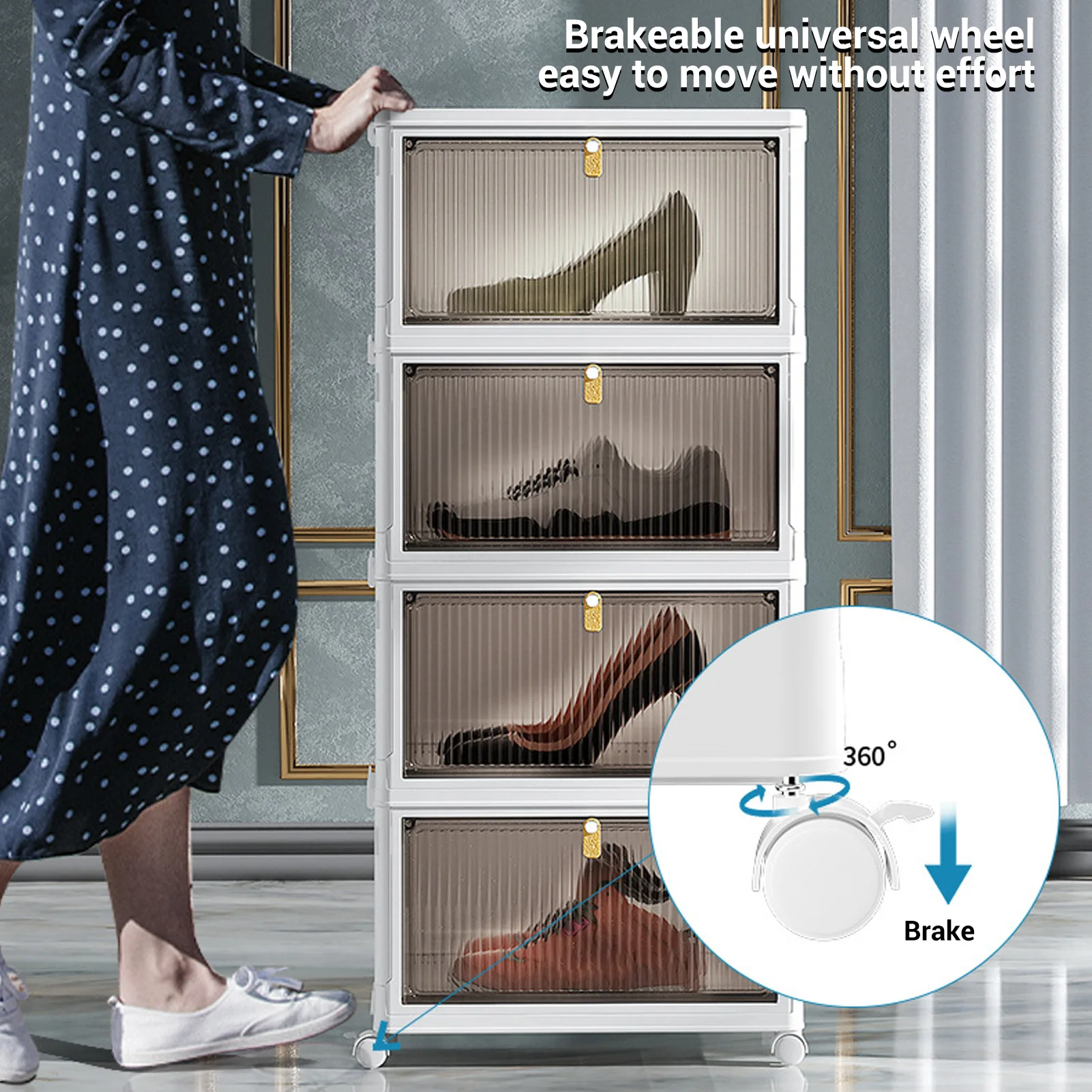 

Folding Shoes Storage Box 4 Layers Transparent Large Capacity Foldable Shoe Rack Organizer with Wheels