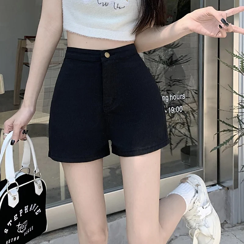 

Летние женские модные джинсовые шорты с высокой талией, тонкие, однотонные, мини-шорты, классические корейские джинсы А-силуэта для женщин
