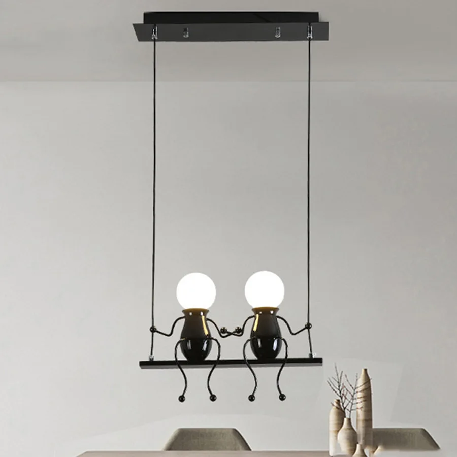 Imagem -04 - Nordic Iron Little Man Pendant Lamp Arte Criativa Swing Man Luz de Suspensão Crianças Bebê Quarto de Criança Decoração do Lustre E27