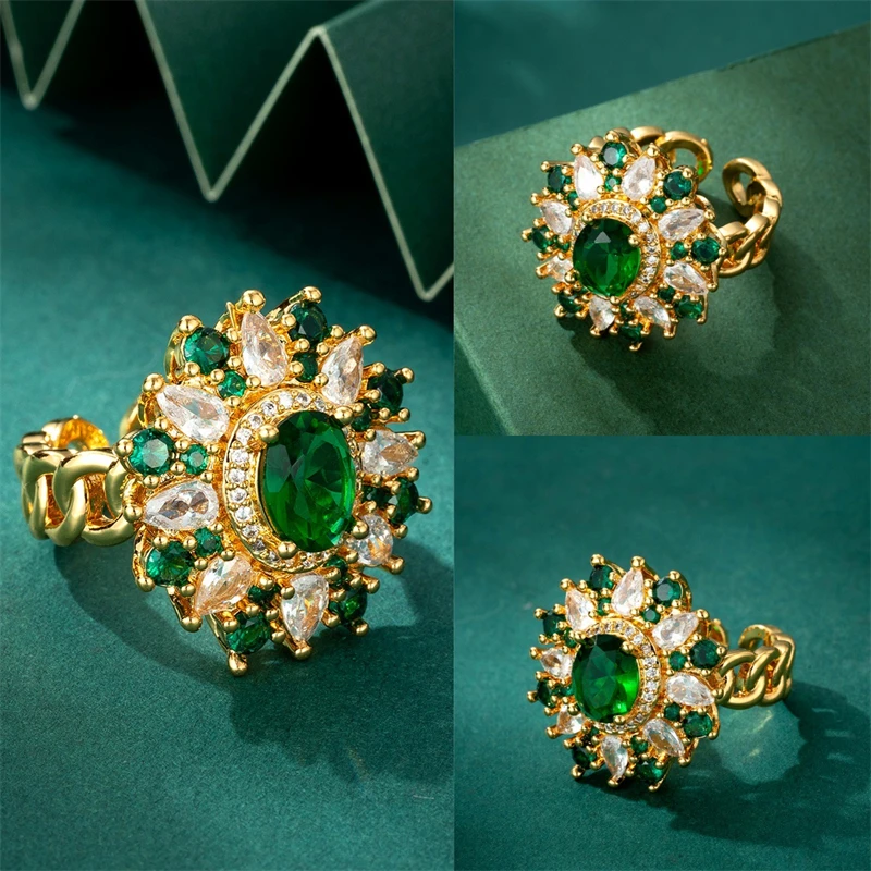 

Fashion Personality Green Zircon Flower Adjustable Ring Women Bride Wedding Stainless Steel Jewelry Ring Accessories Wholesale