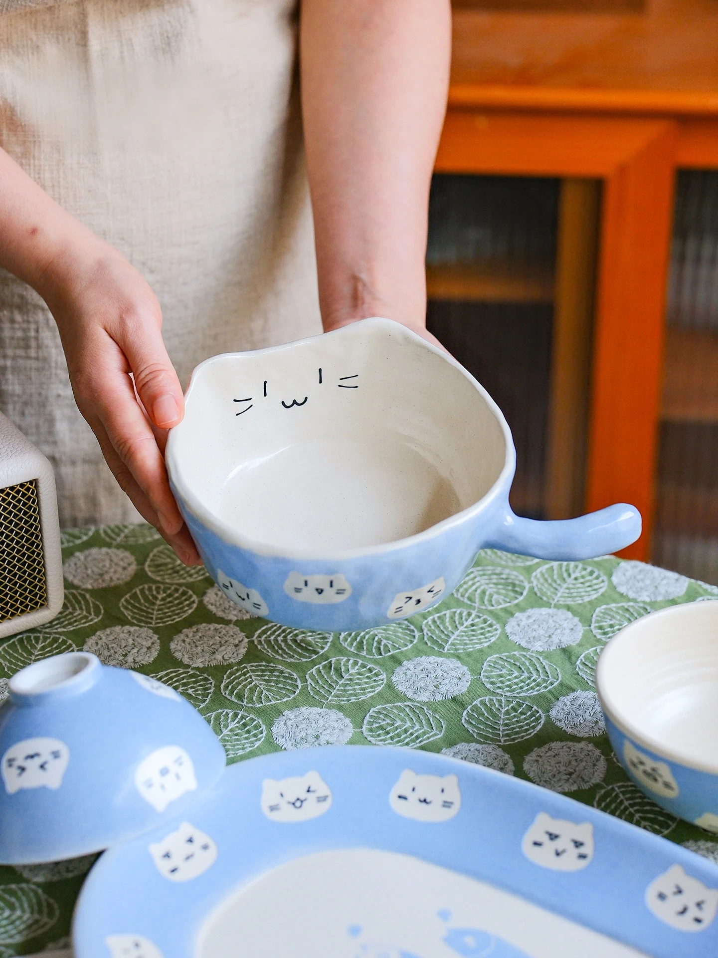 Adorable Cat Ceramic Pasta Bowl with Handle Large Versatile Dinner Salad Plate Handmade Stoneware for Soups Desserts