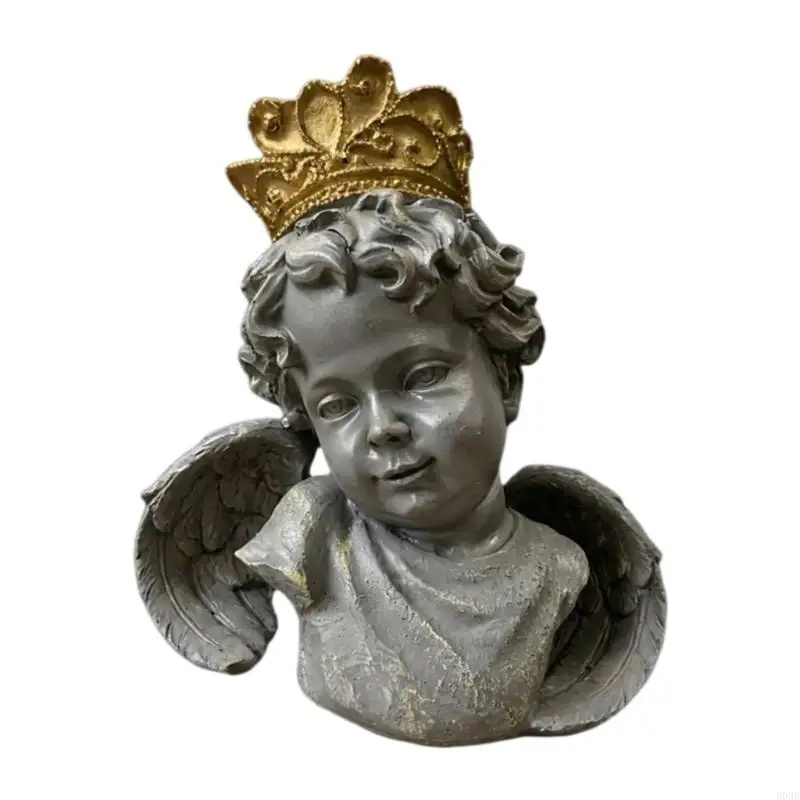 Wetterbeständige Engelskopf-Statue aus Kunstharz mit goldgekrönter, antiker Gartendekoration für den Innen- und Außenbereich – Detail 1