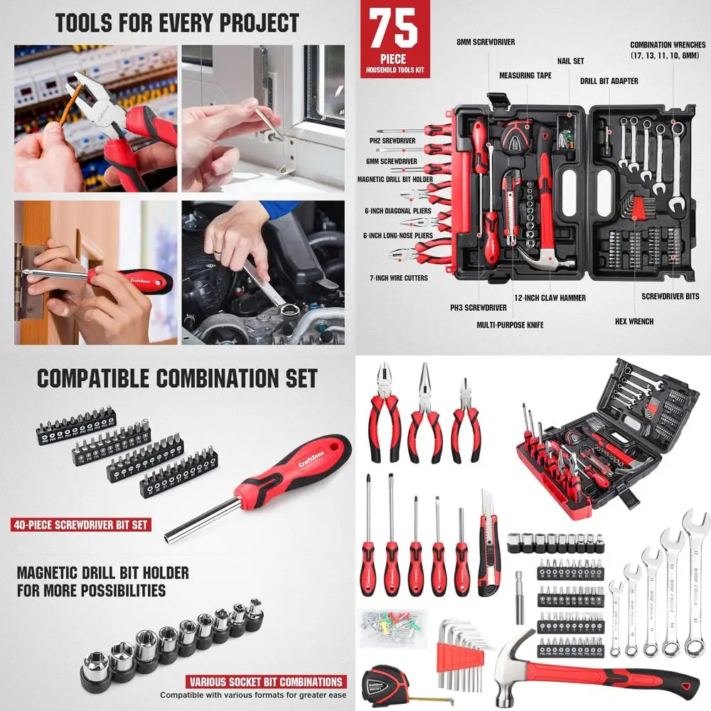

Набор бытовых инструментов из 75 предметов в пластиковом кейсе, идеально подходит для студентов, ремонтных работ и ухода за домом