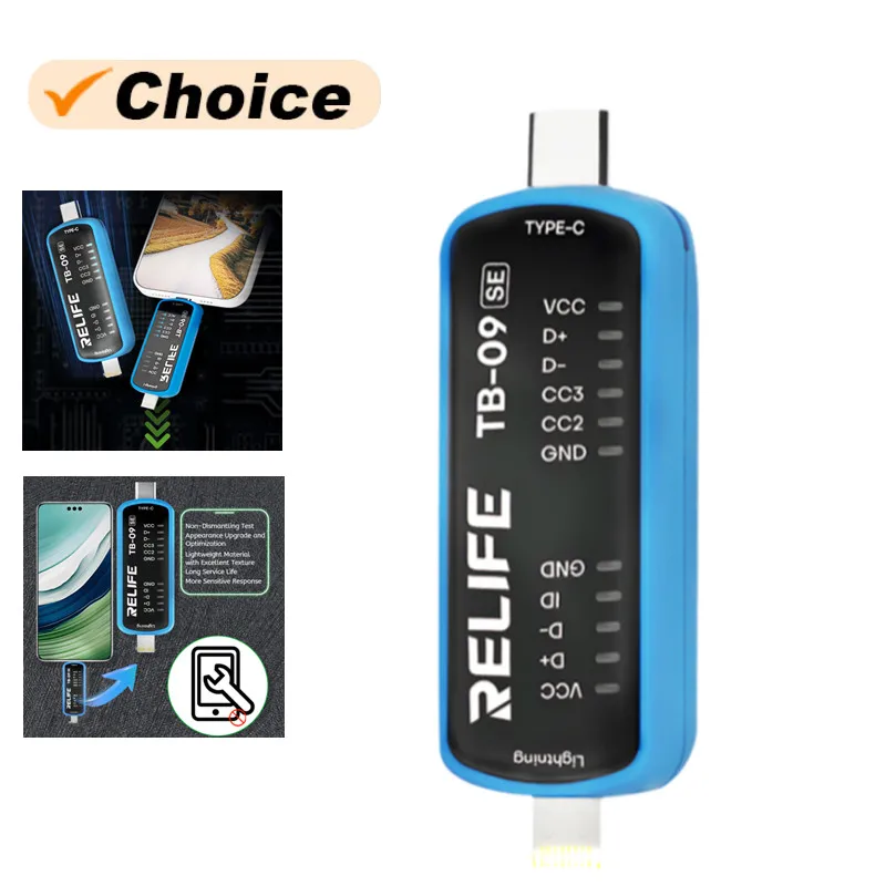 

RELIFE TB-09 SE Тестер зарядного порта для IP Android Lightning/Type-C Двойные вилки Быстрое тестирование Инструмент обнаружения неисправностей