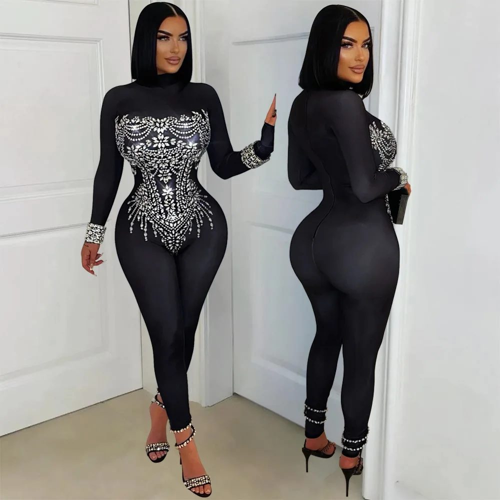 

American European New Fashion Women's Black Solid Color Diamond Studded Casual Trendy Slim Long Sleeve O-neck Jumpsuit Female