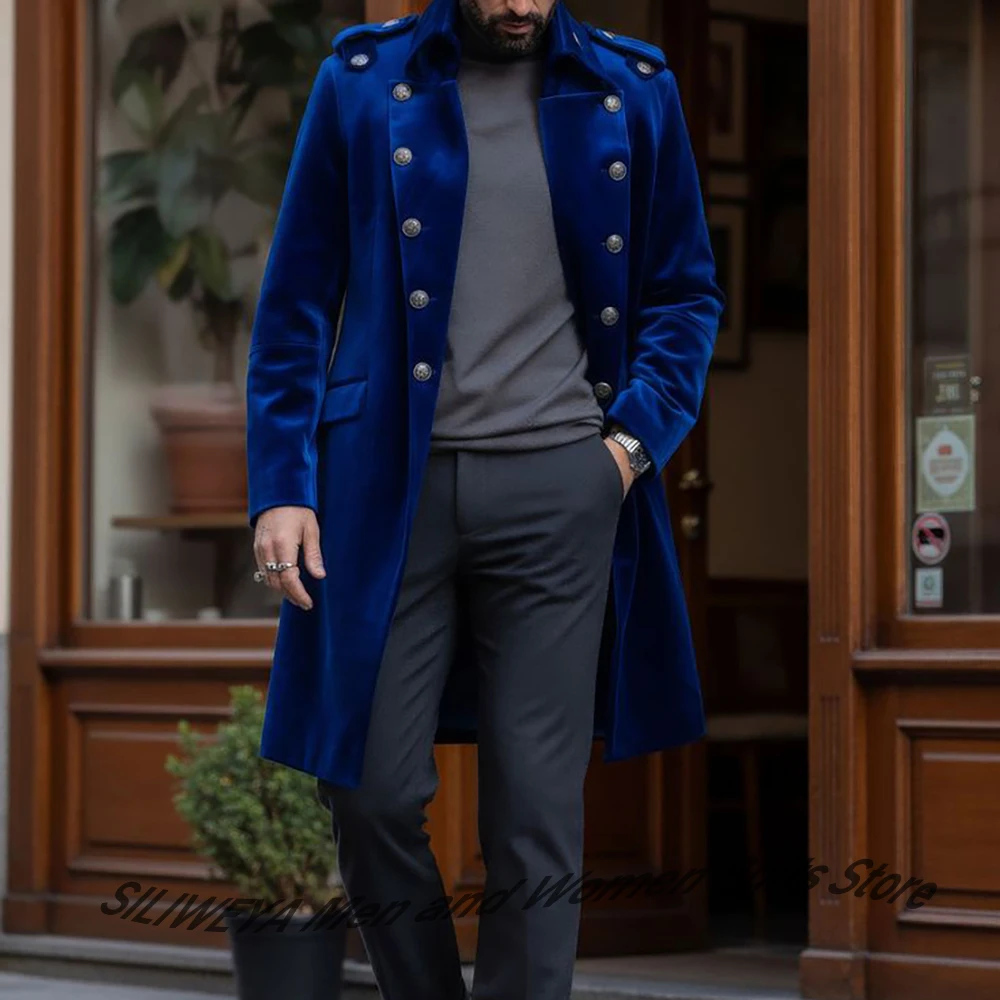 

Elegant Suits for Men Royal Blue Velvet Double Breasted Long Coat Winter Warm 2Piece Set Smart Daily Business Office Workwear