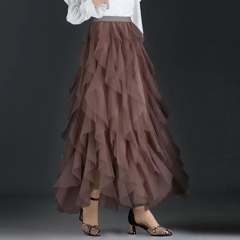 

Весенне-осенняя длинная юбка макси из тюля для женщин, модная корейская плиссированная юбка с высокой талией, однотонная, сетчатая, женская юбка-полусолнце, коллекция 2026