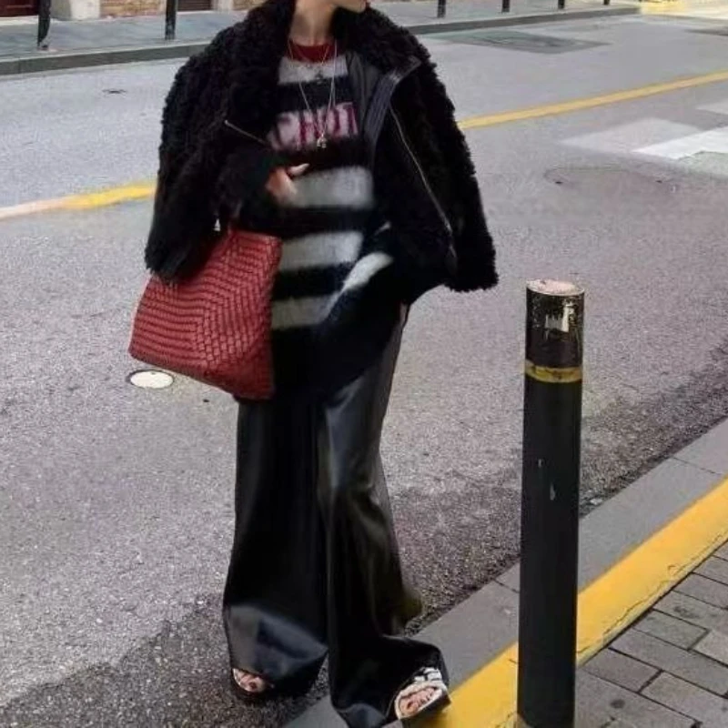 

High-end Vintage Patchwork Leather Collar Eco-friendly Wool Coat, Simple Style Casual Plush Jacket for Women