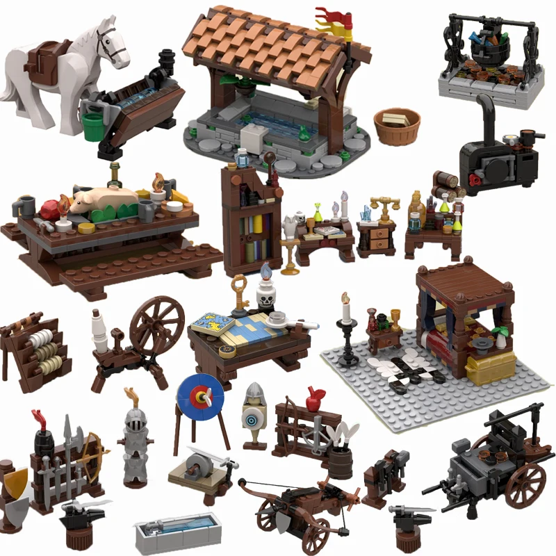 MOC Medieval Castle Building Blocks Rome Archery Practice Range Siege Vehicle War Horse Bonfire Table Weapon Rack Bricks Toy Boy