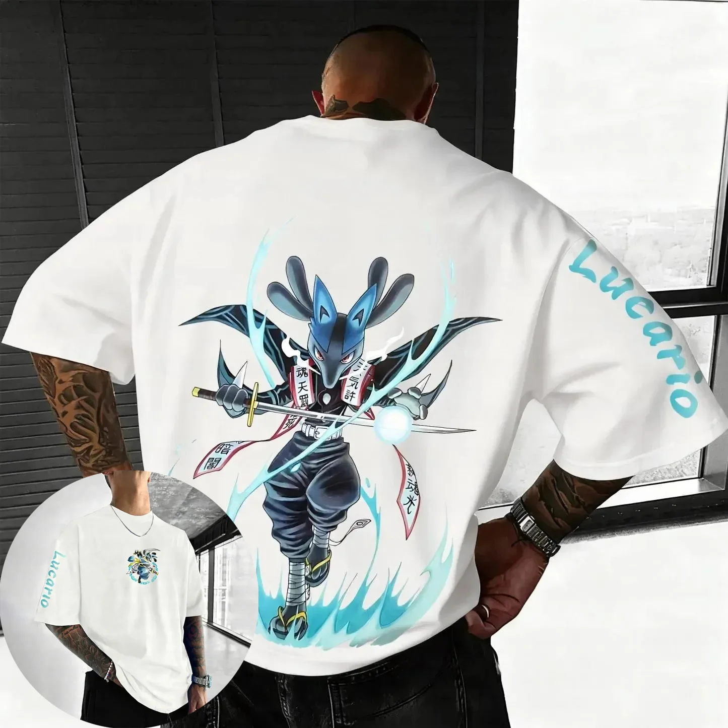 camiseta-unissex-pokemon-anime-lucario-2026-nova-colecao-verao-masculina-moda-americana-casual-solta-pesada-oversized