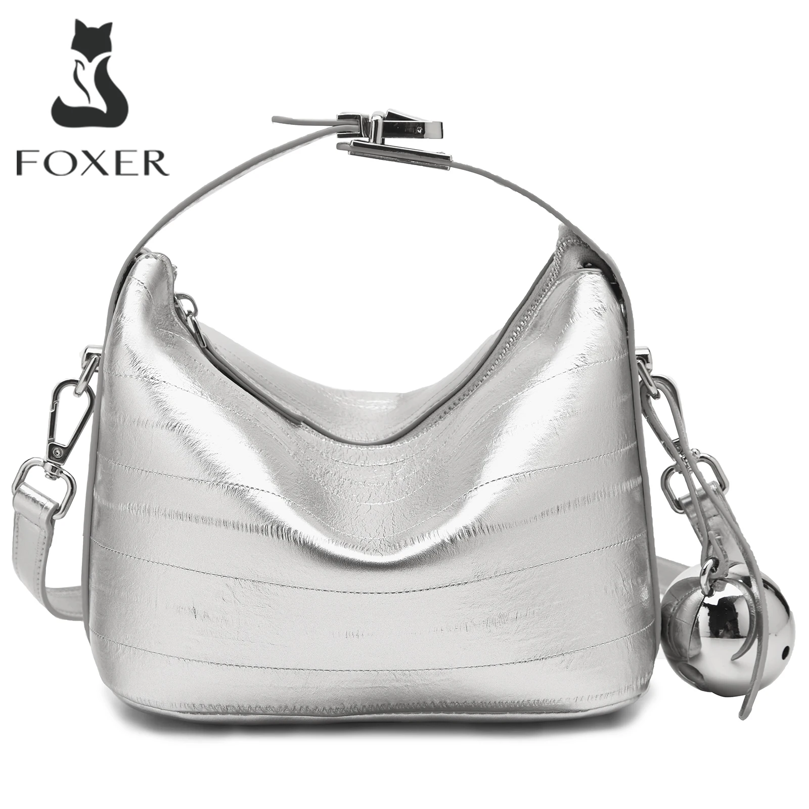 FOXER Soft PU Leather Handbag Large Capacity Silver Women's Shoulder Bag 2026 New Underarm Bag Casual Commuting Crossbody Bag