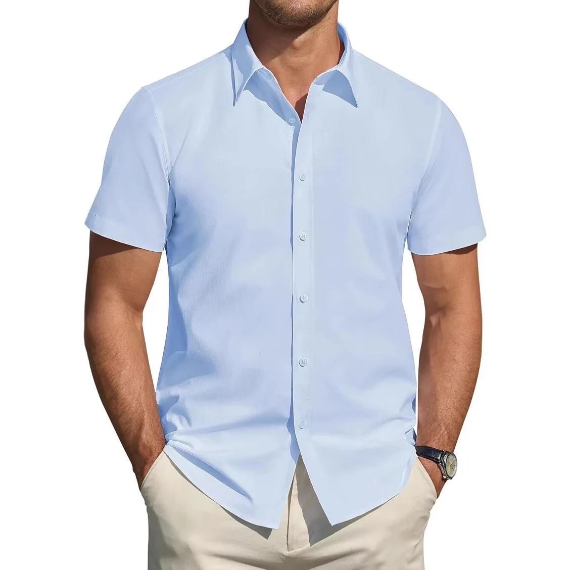Men's Casual Solid Summer Short-Sleeve Shirt Elegant Turn Collar Formal Dress Shirts And Blouses