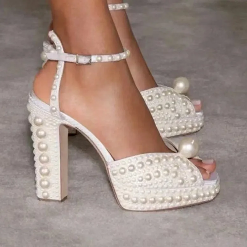 Handmade Beaded Thick Heel Peep Toe Girls Sandals High Heel Platform Women Shoes Wedding Dress Designer Luxury Brand Pearl Shoes