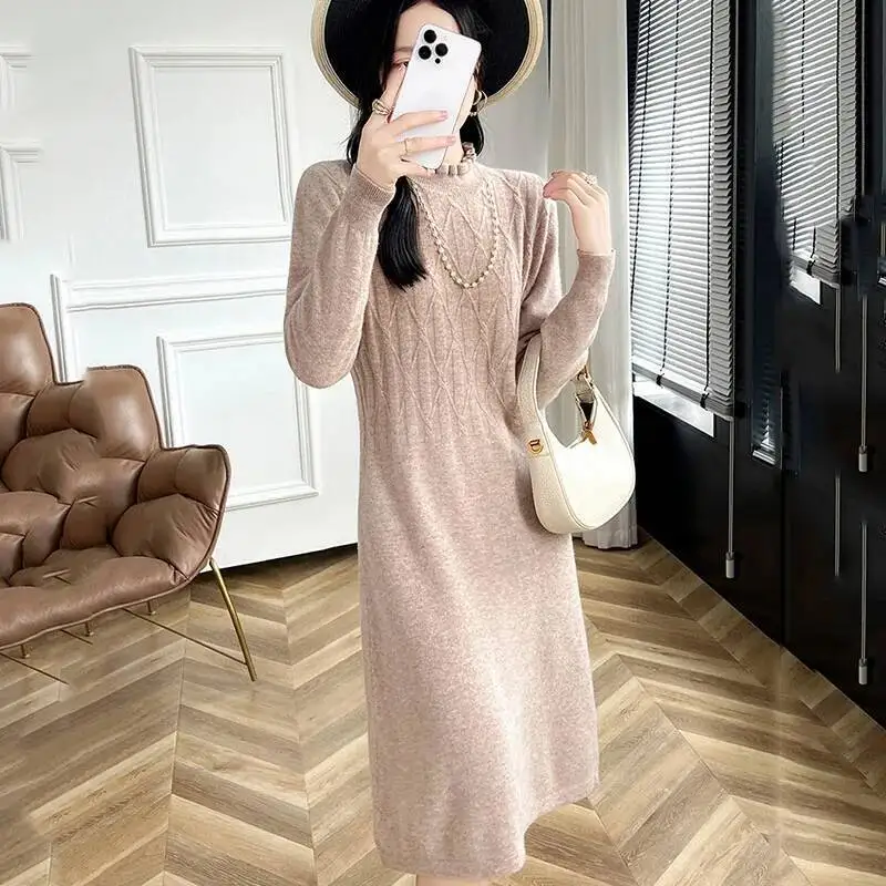 

Корейское модное вязаное женское осенне-зимнее толстое теплое платье-свитер с длинным рукавом, однотонные платья до щиколотки