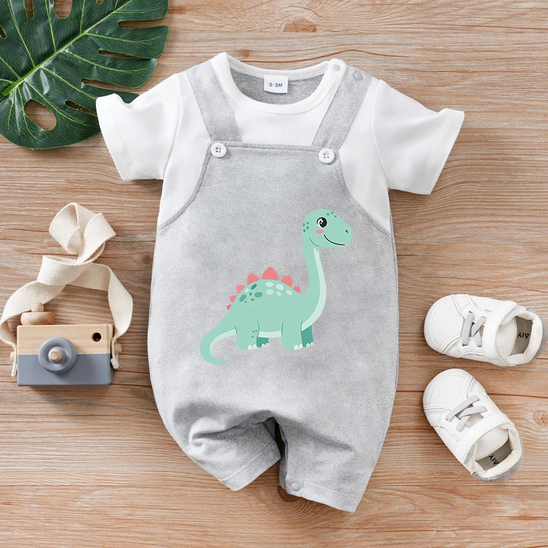 

Летний комбинезон для новорожденных мальчиков и девочек, имитация двух предметов, с подтяжками, с изображением динозавра, вязаный, с короткими рукавами, милый, мягкий, для малышей.