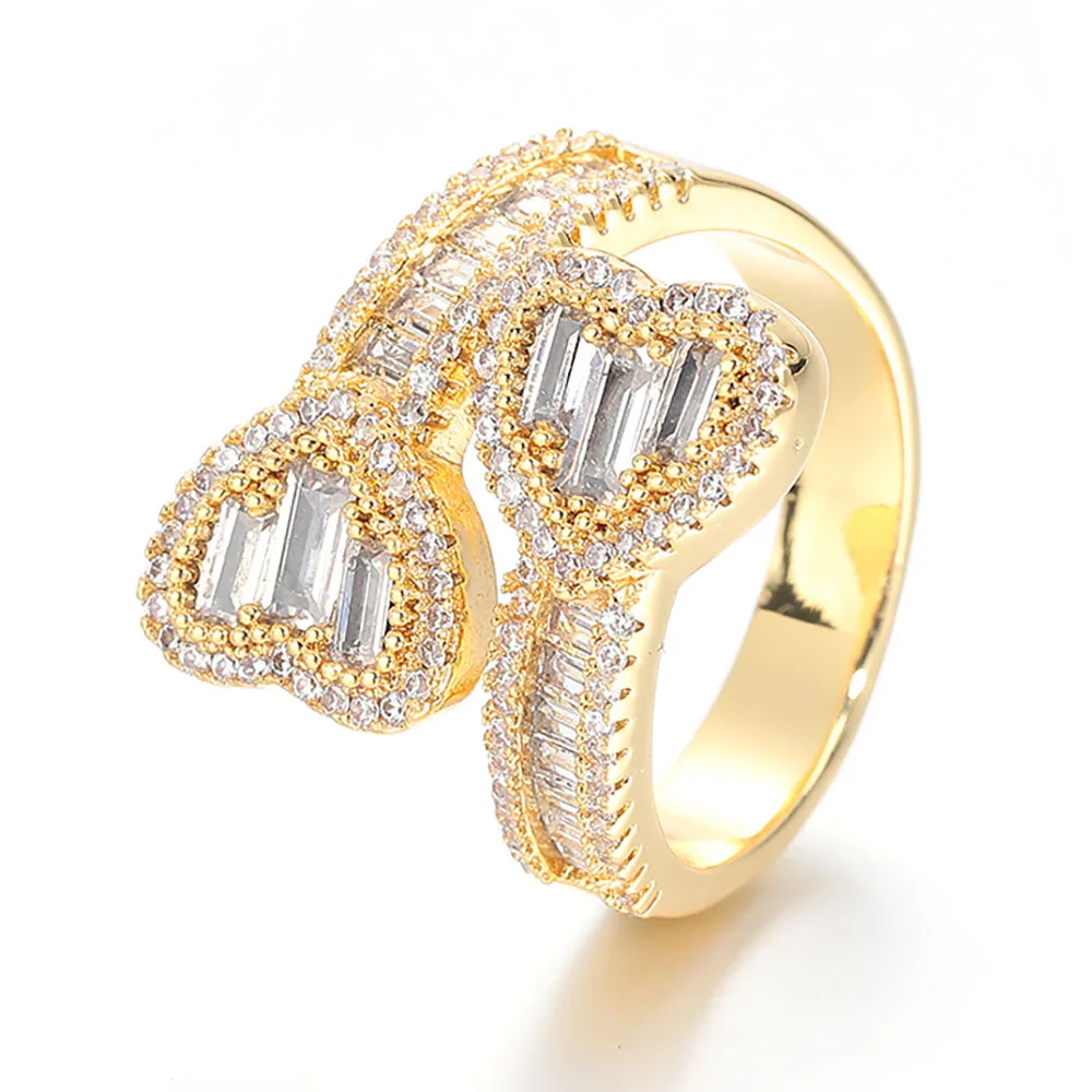 

High Quality Iced Out CZ Heart Shape Stone Ring Double Heart Open Finger Ring For Women Gift