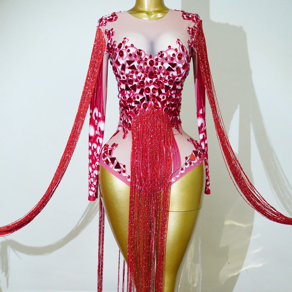 

Sexy Red Rhinestone Tassel Jumpsuit Lesbian Queen Lenses Stage Performer Costume Singer Costume Celebration Birthday Party Club