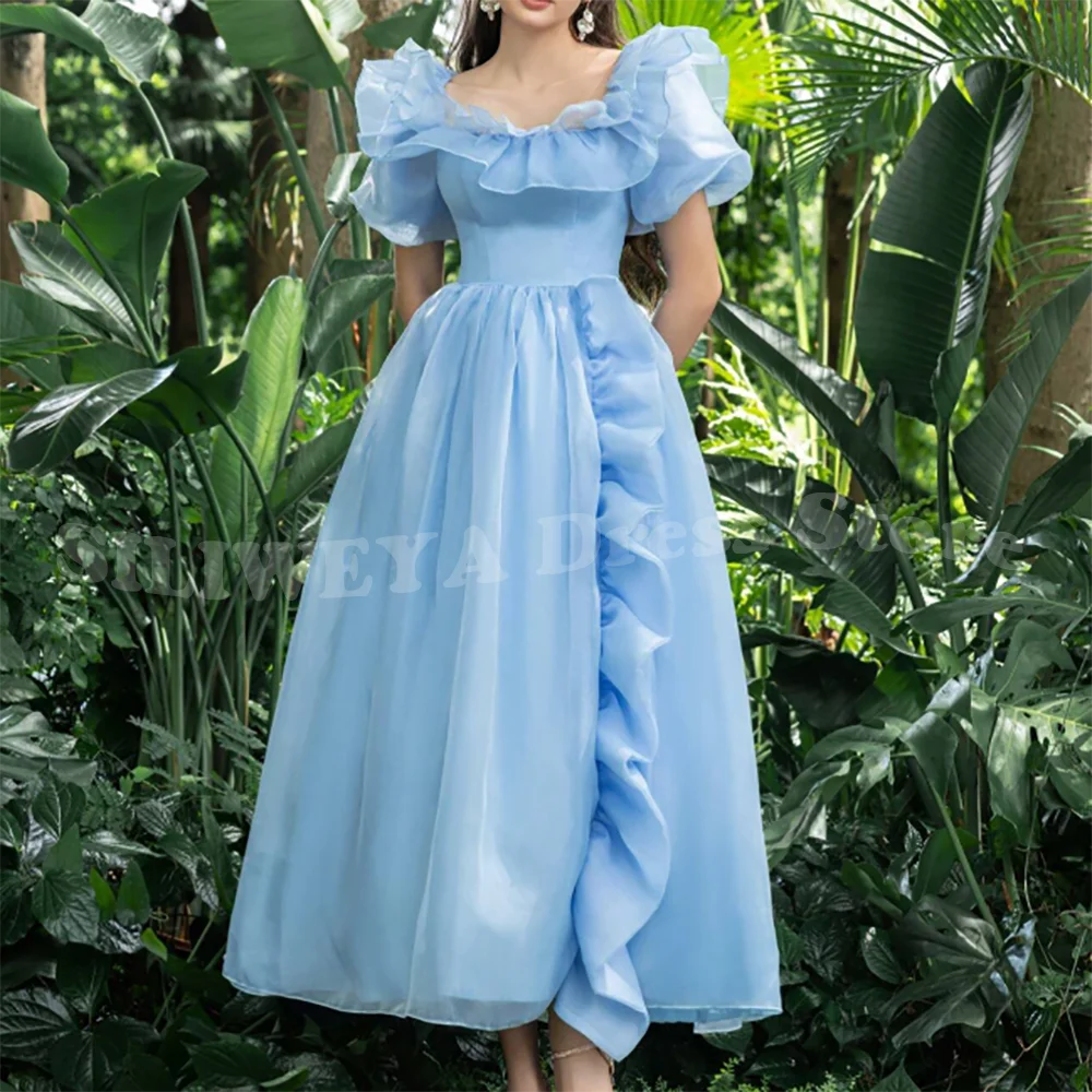 فساتين سهرة من التول الأزرق بياقة مربعة وطيات مكشكشة على شكل حرف A فستان للحفلات الراقصة بطول الكاحل مناسبة رسمية رداء حفلات مخصص