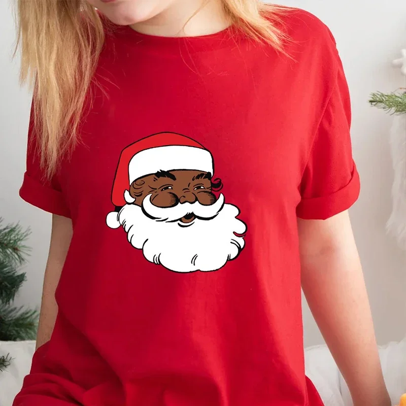 Y2k Aesthetic Summer Loose T-shirt Santa Claus Women Tops Black African American Merry Christmas Graphic Tee Cotton Holiday Top