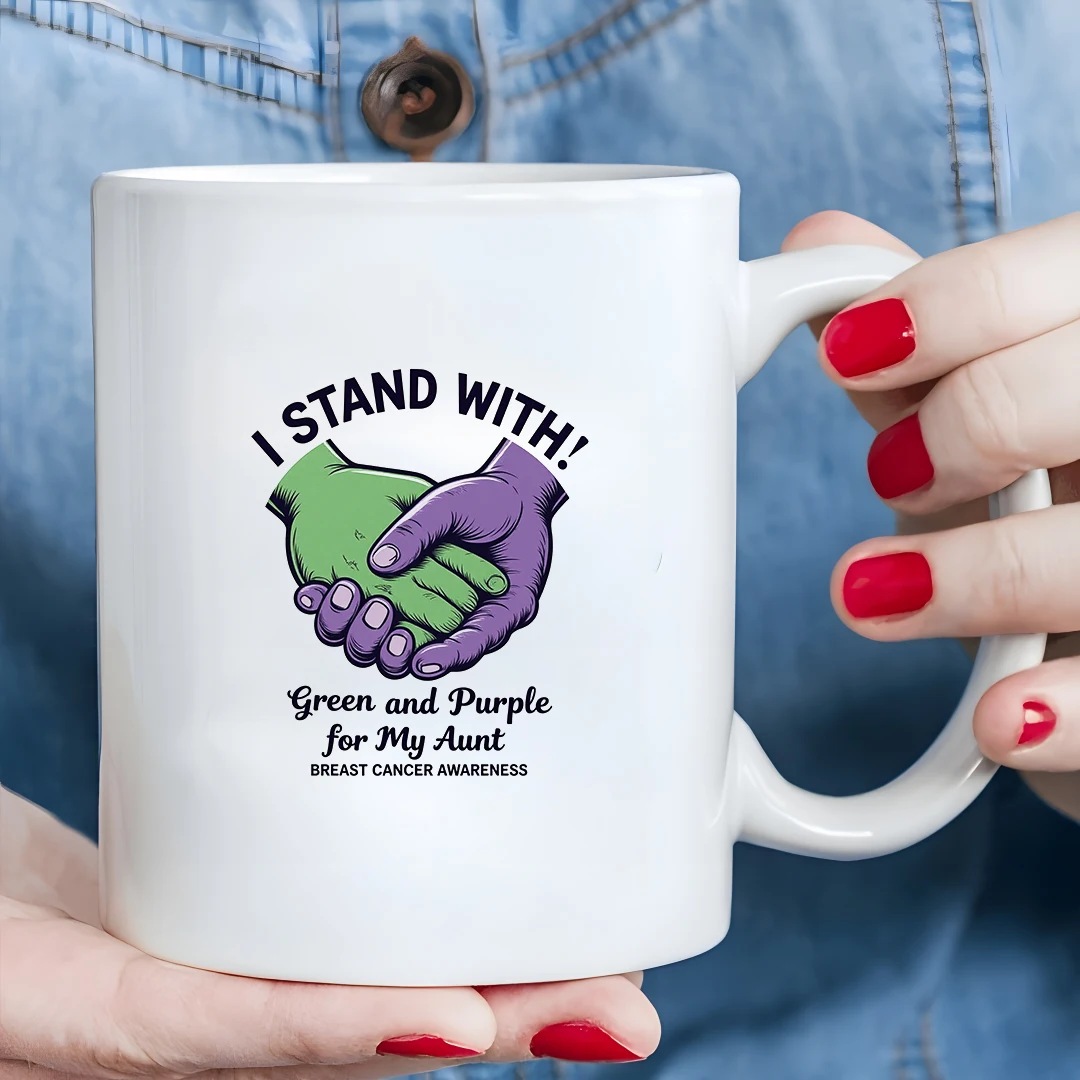 

11oz Cup + Breast Cancer Awareness Cup - Green and Purple Hand in Hand Christmas Love Gift Home Office Cup