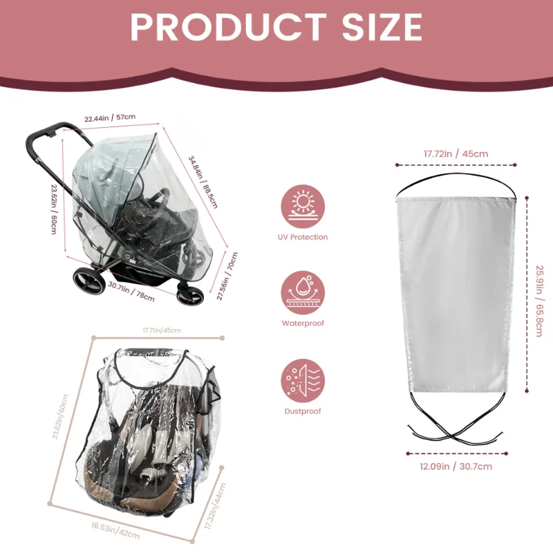 Portable Baby Stroller Rain Cover and Sun Visor Set Transparent EVA Waterproof Rain Shield UV Sunshade for Most Strollers