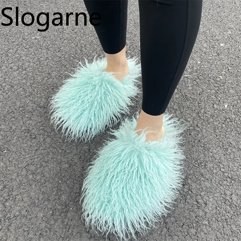 Women Autumn Winter Furry Fur Slippers Fluffy Faux Mongolian Fur Slides Warm Plush Slippers Fuzzy Flip Flops Luxury Woman Shoes