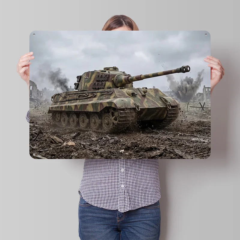 King-Tiger-Panzer in Aktion Poster Retro 3D-Gedruckte Metallschilder Personalisierte Wanddekoration Geschenk für Wohnzimmer-Dekoration Blechschild