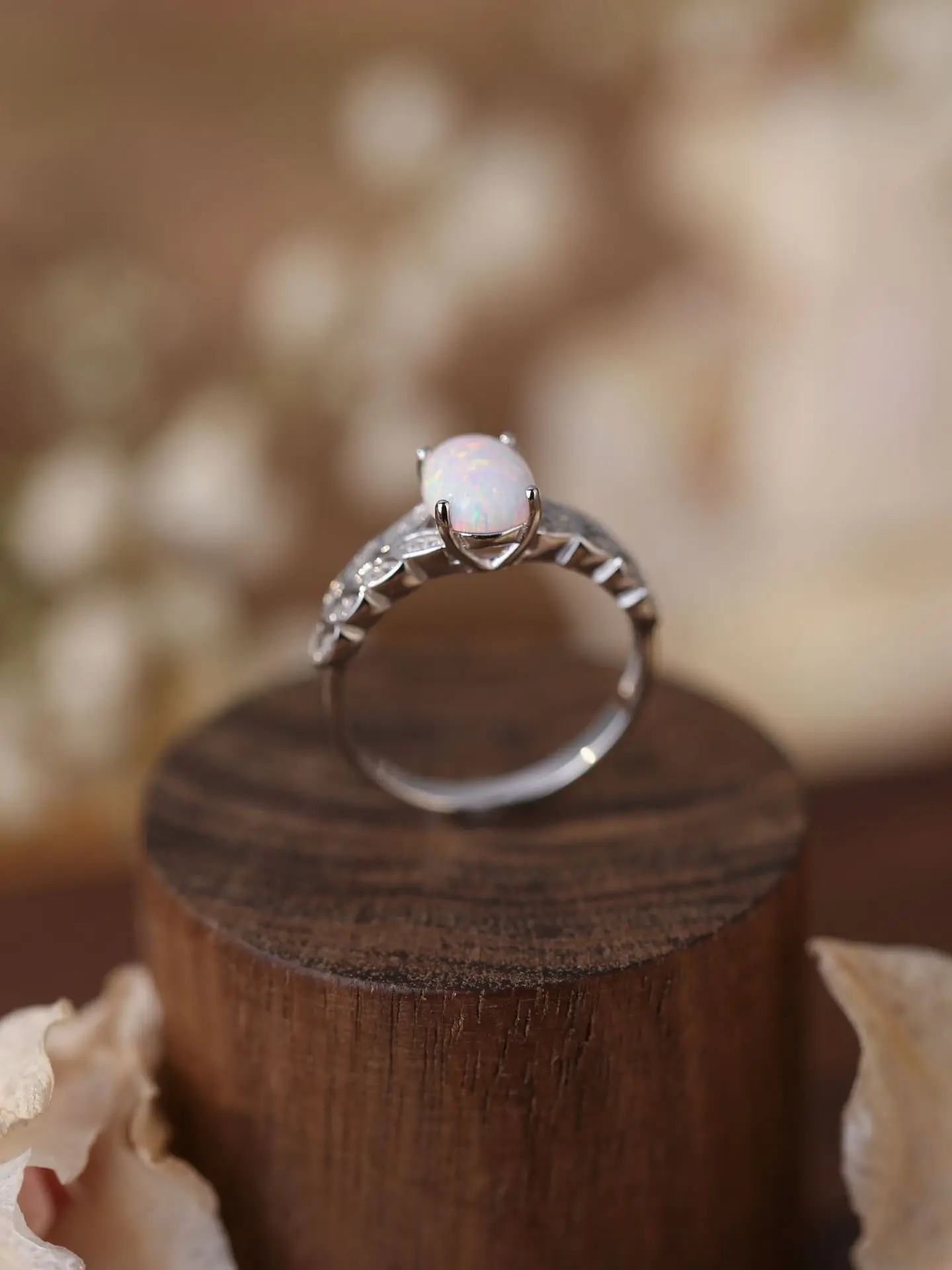 Pure 925 Silver Hot Sales Oval White Opal Women's Ring Inlaid with 2 Row of Symmetrical Zircon,Sweet Style for Wedding