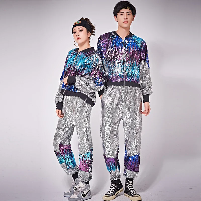 Modern Dance Performance Gradient Sequins Stage Costumes Nightclub Costume Hip Hop Clothing Set Women Man Loose Jazz