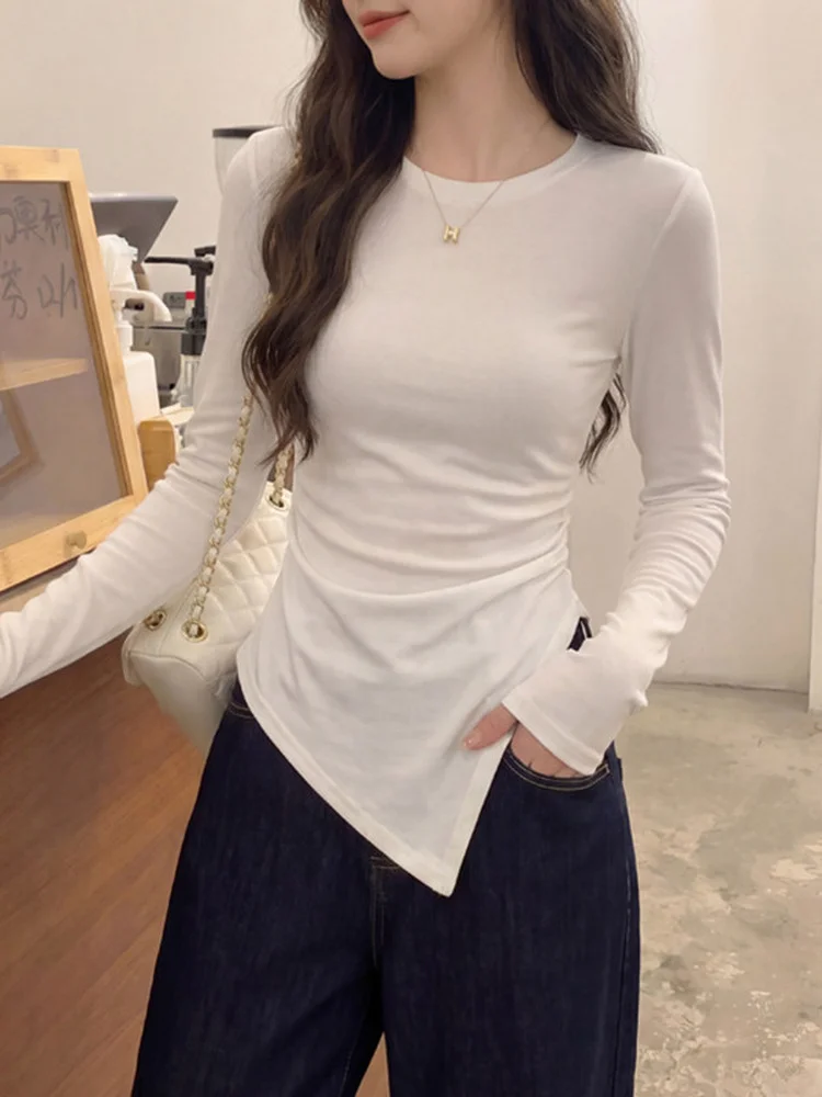 女性の長袖 Tシャツ ウエスト締め付けパッド入りショルダー ラウンドネック 春の新作韓国スタイル多用途カラーカジュアルトップ 1