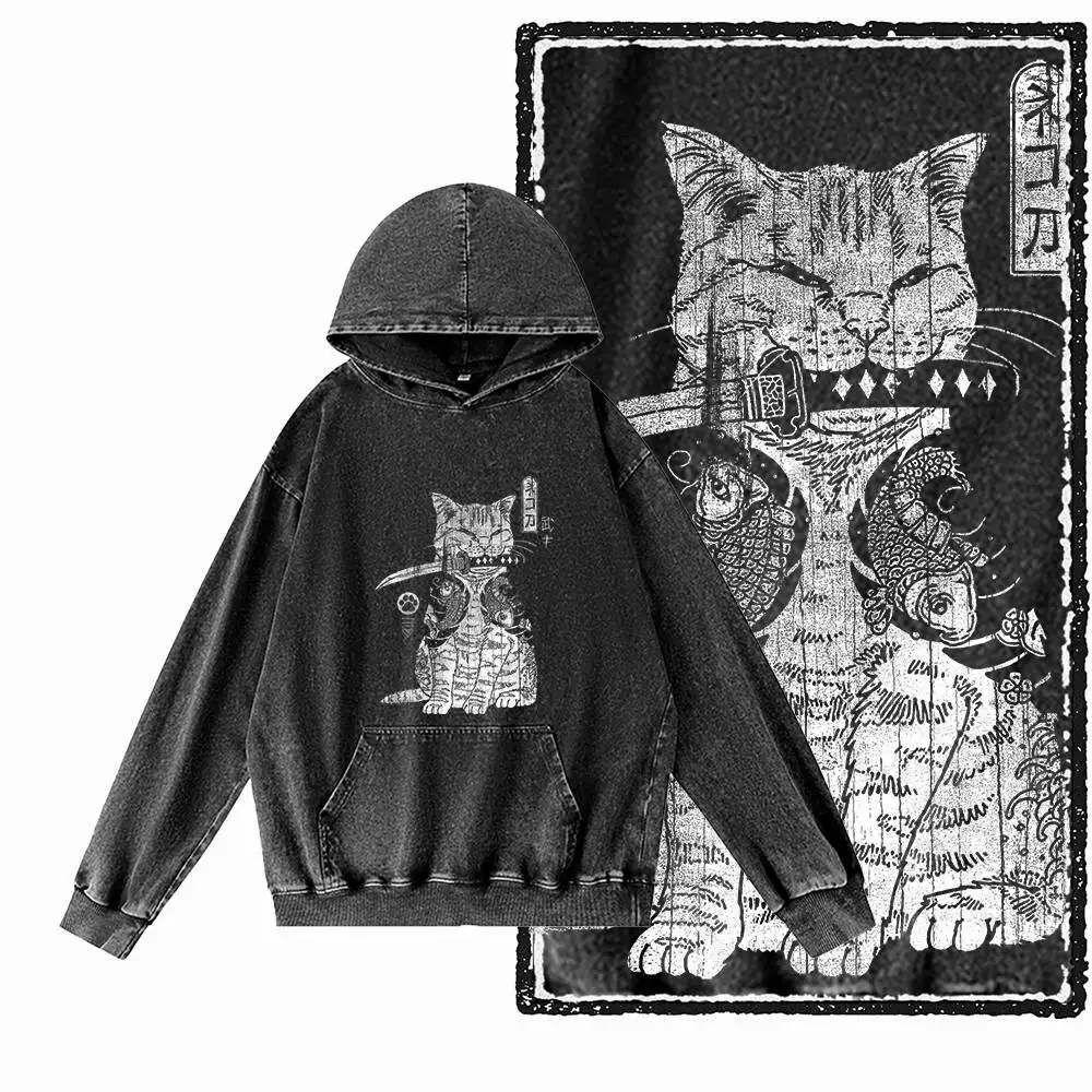 

G49 Acid Washed Black Уличная одежда большого размера, 100% хлопок, мужские толстовки с рисунком кота | Крутая мужская толстовка с круглым вырезом