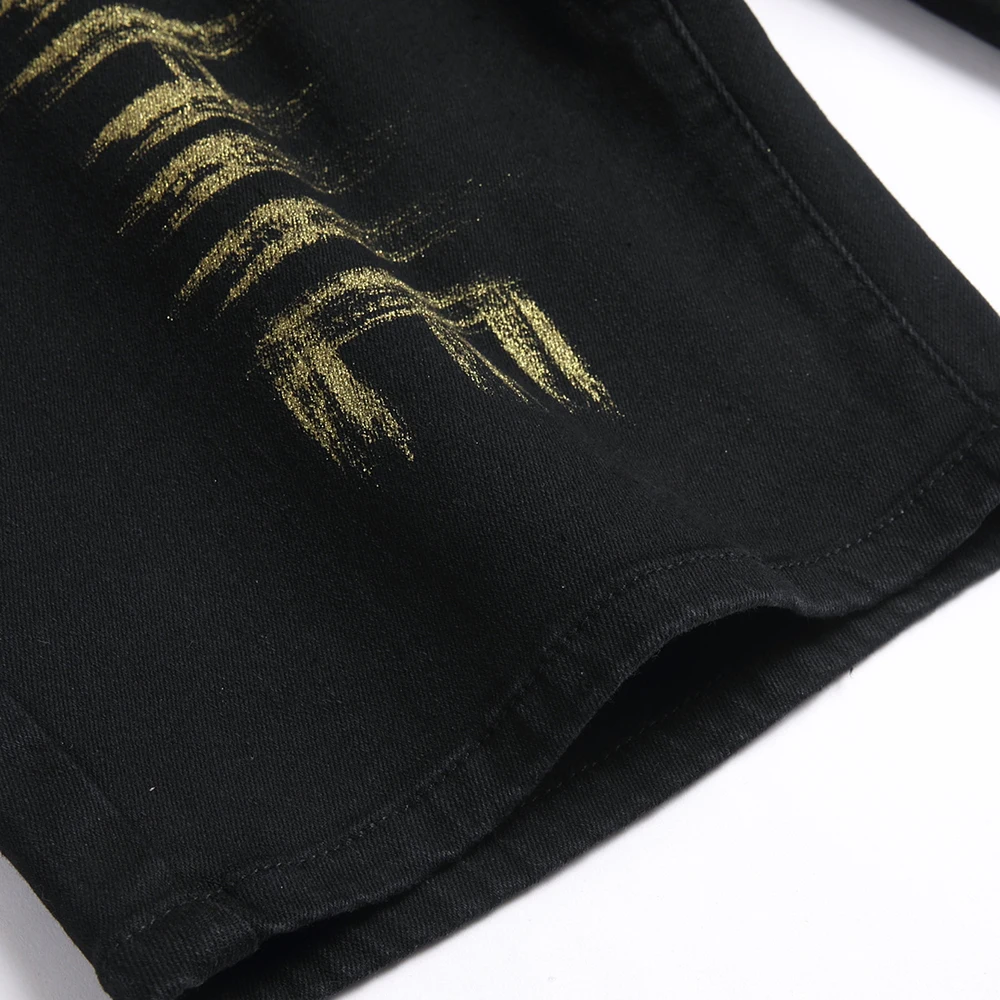 Celana Pendek Denim Gambar Huruf Grafiti Musim Panas Pria Jeans Celana Lurus Ramping Kasual Katun Hitam