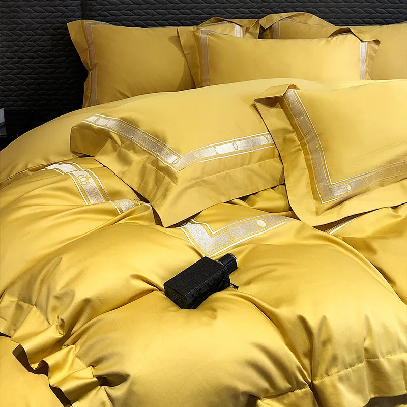 Yellow Solid Color Cotton Bedding Set, Duvet Cover, Linen Fitted Sheet, Pillowcases, Home Textile