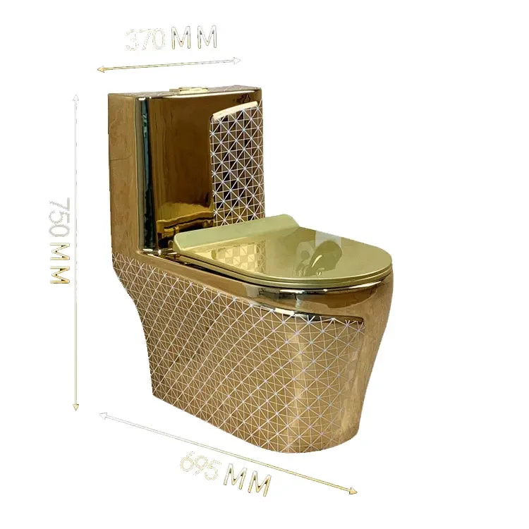 Vaso sanitário de cerâmica banhado a ouro luxuoso para banheiro, design moderno de uma peça montado no chão para uso doméstico