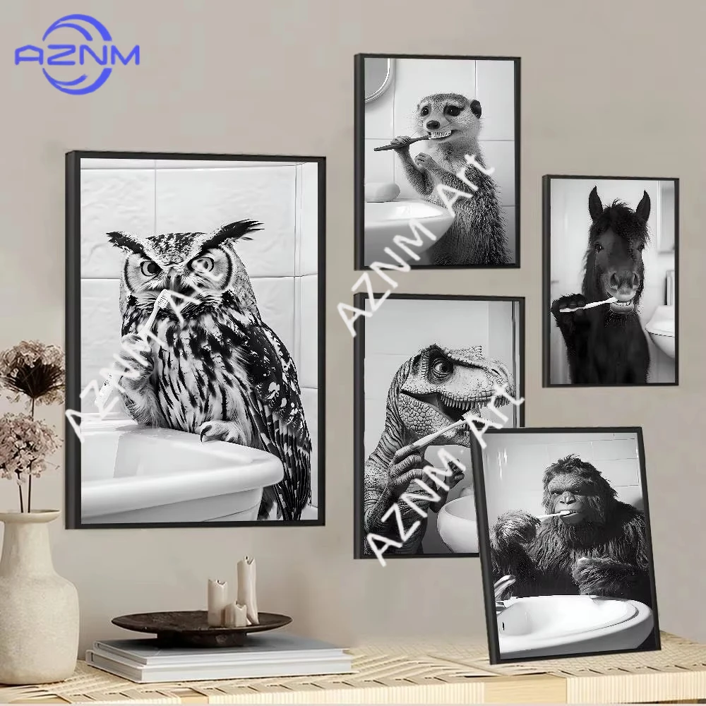 1pc Black White Funny Bathroom Brushing Teeth Vintage Style Animal Poster Wall Art Home Decor Room Decor Painting Living