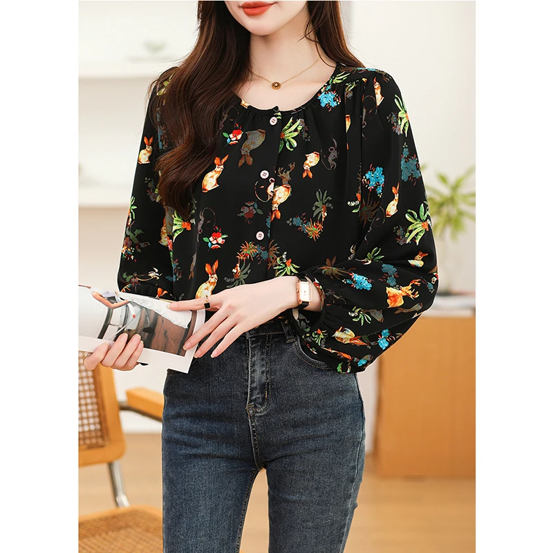 Women Spring Fashion Loose Prairie Chic Floral Chiffon O-neck Long Sleeve Shirts Women Clothes Casual All-match Appear Thin Tops