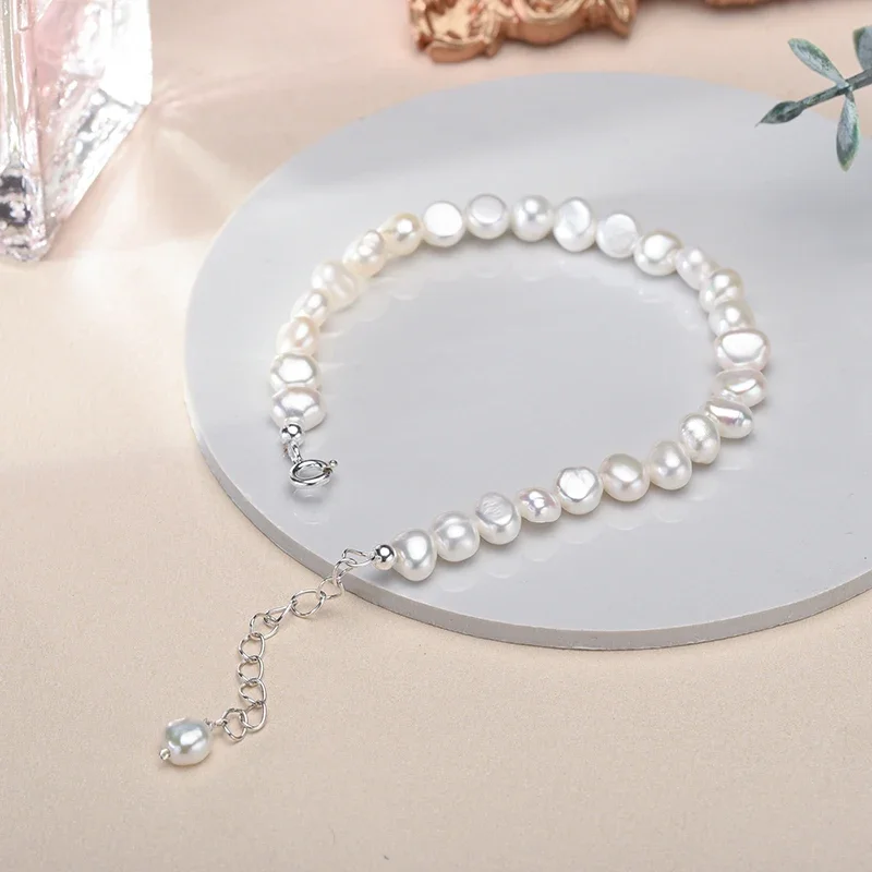 

YWYC 5-6mm 925 Sterling Silver Bracelets with Pearl Pendant Baroque Freshwater Pearl Bracelets for Women Jewelry Gift