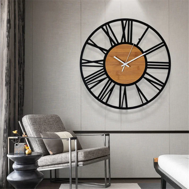 60cm Large Wall Clock XL Industrial Metal Wooden Clock Vintage Living Room Clock Silent Quartz Movement without Ticking Noises