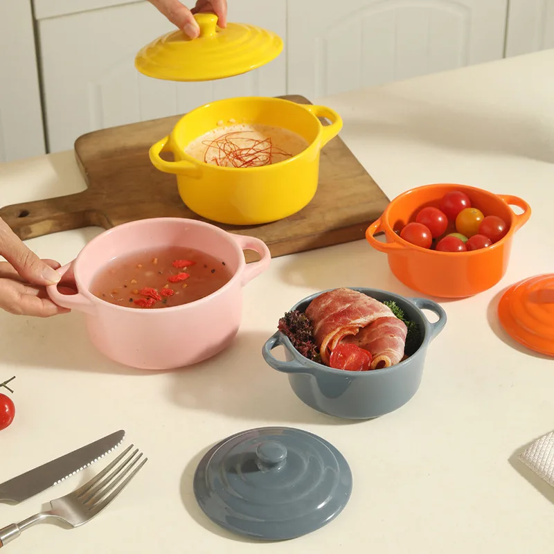 1Pc Small Ceramic Double Ear Bowl - Oven Safe for Steamed Egg Custard, Household Stew Soup, Pudding Baking & Stewing Pot