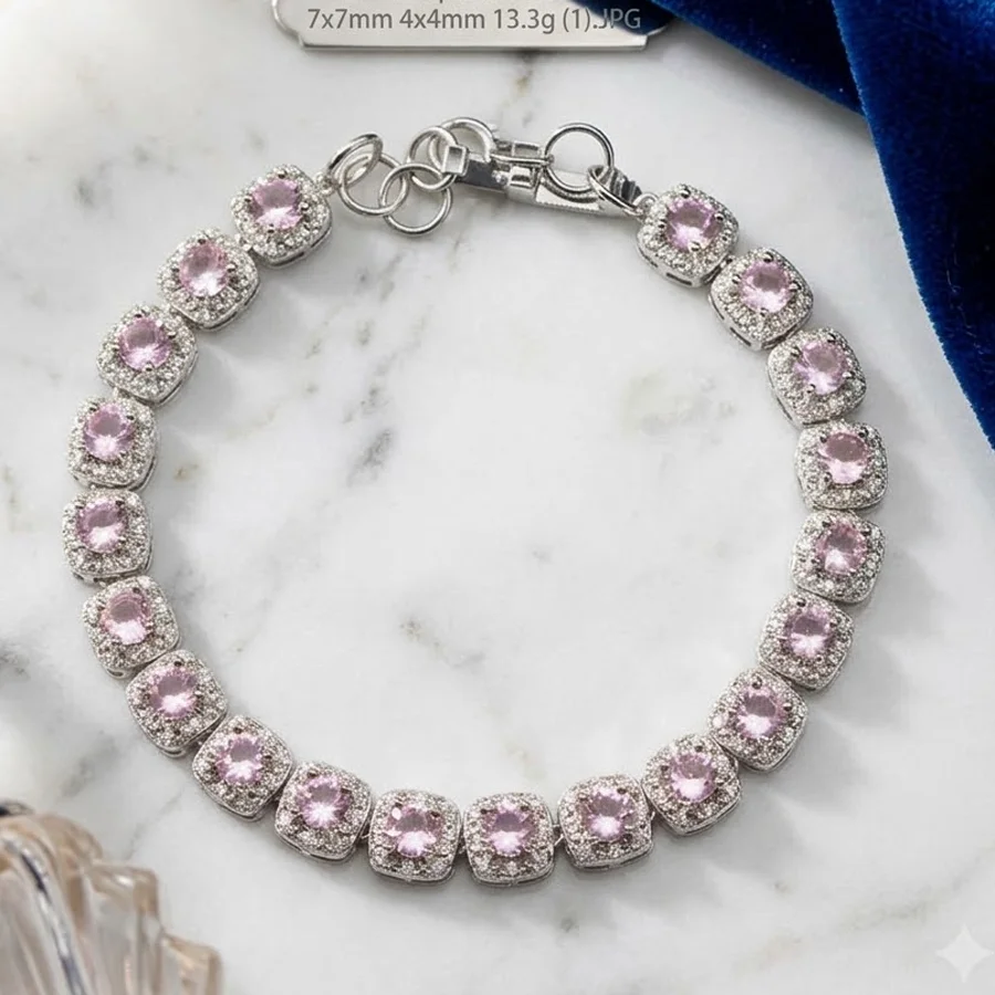 7x7mm 13.3g Pretty Pink Kunzite Silver Bracelet 7.5-8.5inch