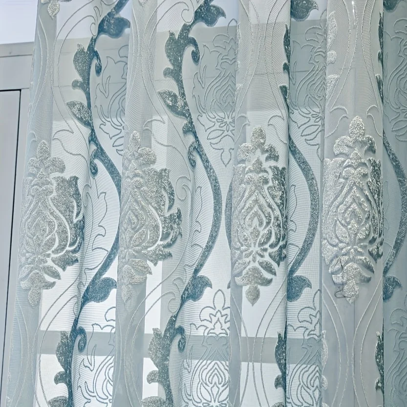 1PC Blue European Embroidered Sheer Curtain, Floral Pattern, Light Filtering, Ideal for Living Room and Bedroom Decor, 1 Piece S