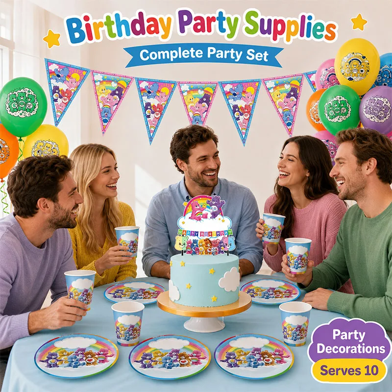 Care Bear Colorful Bear Birthday Party Supplies Plate Honeycomb Flag Background Balloon Set For Festival Celebration Table Decor view 2