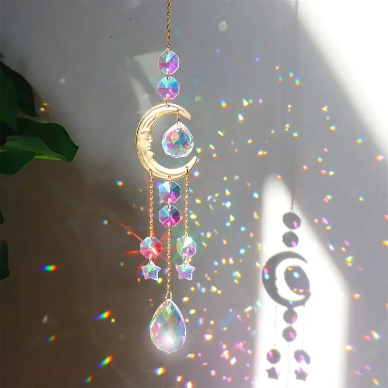 1pc Colored Crystal Wind Chime Moon Decorative Pendant Crystal Prism Hanging Gift SunCatcher For Garden Party Outdoor Home Decor