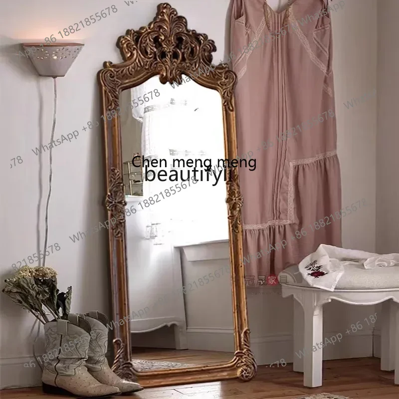 cqyEuropean retro full-length mirror floor-to-ceiling mirror bedroom French carved wall-mounted classical fitting mirror