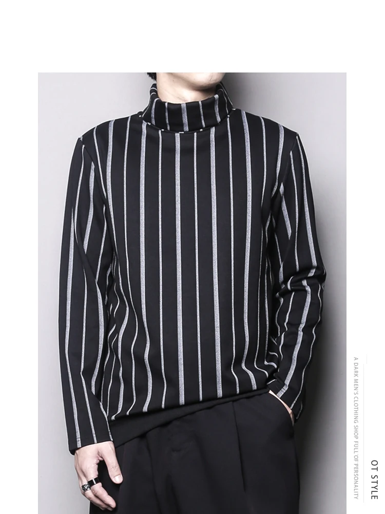 

Autumn Winter Men's Fce Lined High Collar Sweatirt Casual Loose Fit Striped Design Base Layer irt Faionable Urban Sle