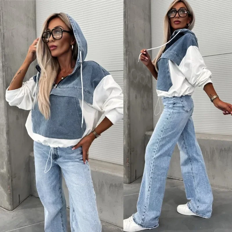 

2025 Spring/Summer New Women's Fashion Loose Casual Laundry Cowboy Splicing Hoodie European and American Women's Sweatshirt